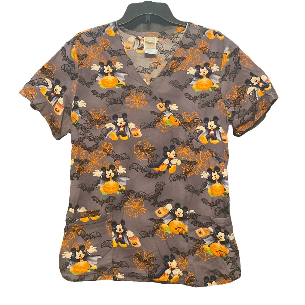 Disney Halloween Scrub Top Women's Size Medium Cotton Mickey Mouse Gray with Tie